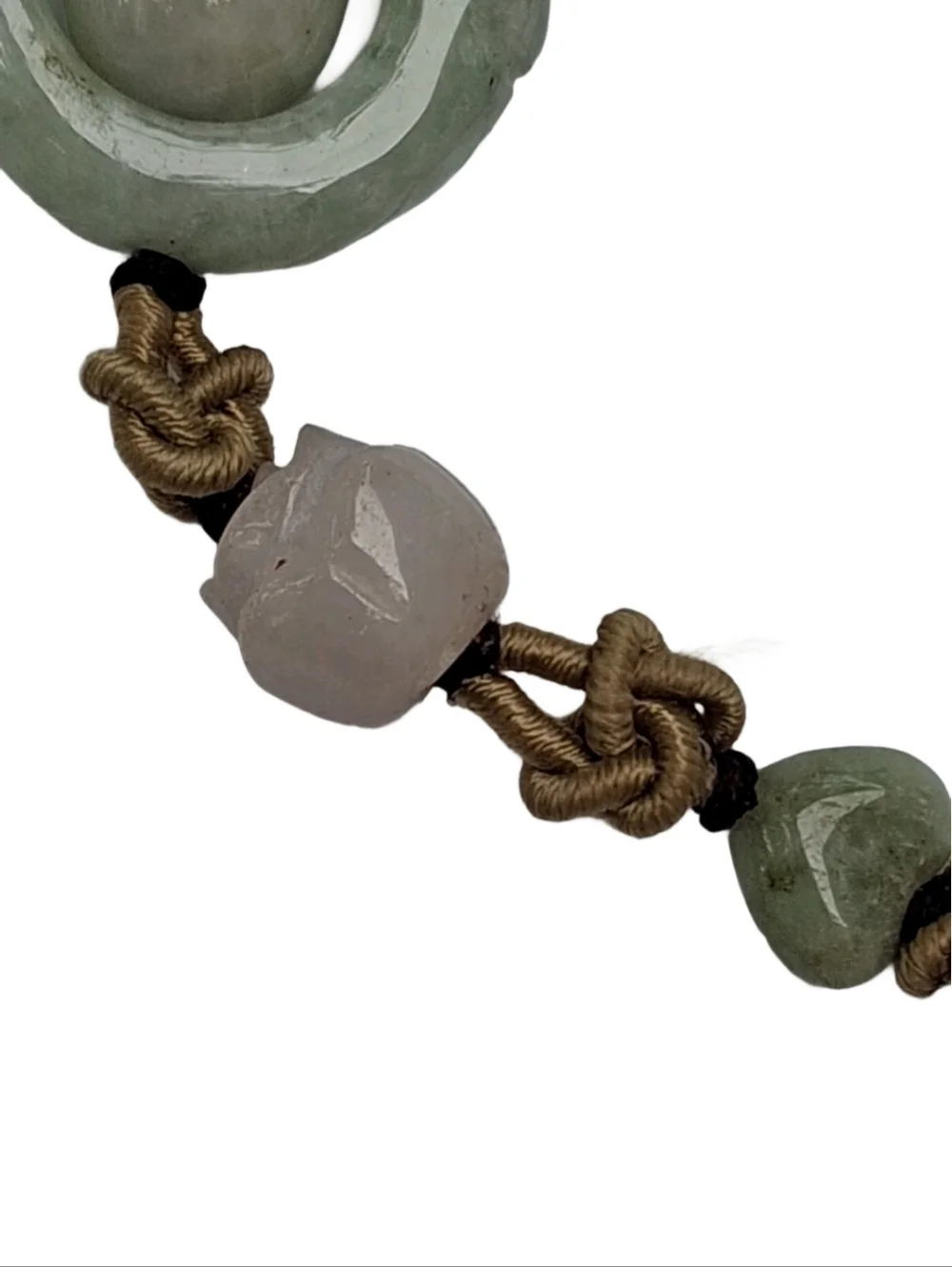 Vintage Hand-Carved Jade & Rose Quartz Macramé Slider Bracelet - Eternity Symbol